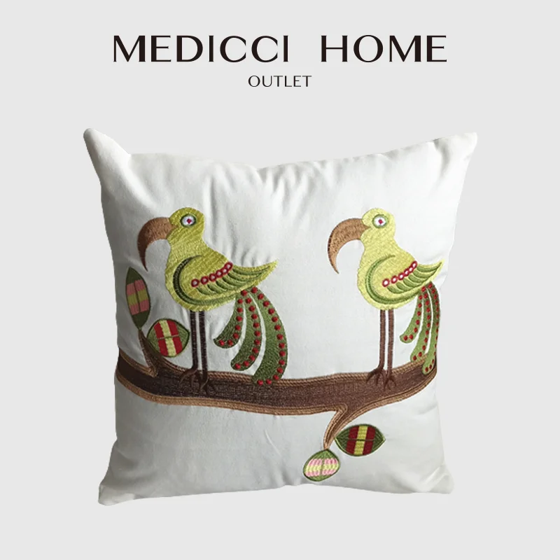 Medicci Home Tribe Ethnic Style Cushion Cover Tropical Bird Toucan Embroidery Natural Cotton Linen Square Pillow Cases 45x45cm