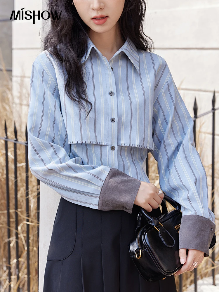 MISHOW Blue Striped Splicing Shirts Lantern Sleeve Tops 2024 Autumn Polo Neck Contrasting Cuffs Top Commuter Shirt MXD48C0348