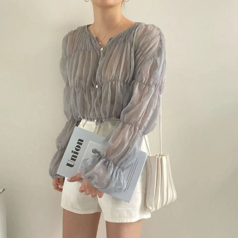 2Colors Korean style long sleeve blouses 2022 Spring Autumn womens Loose Pleated Chiffon tops and blouse Outwear Shirts(C0001)