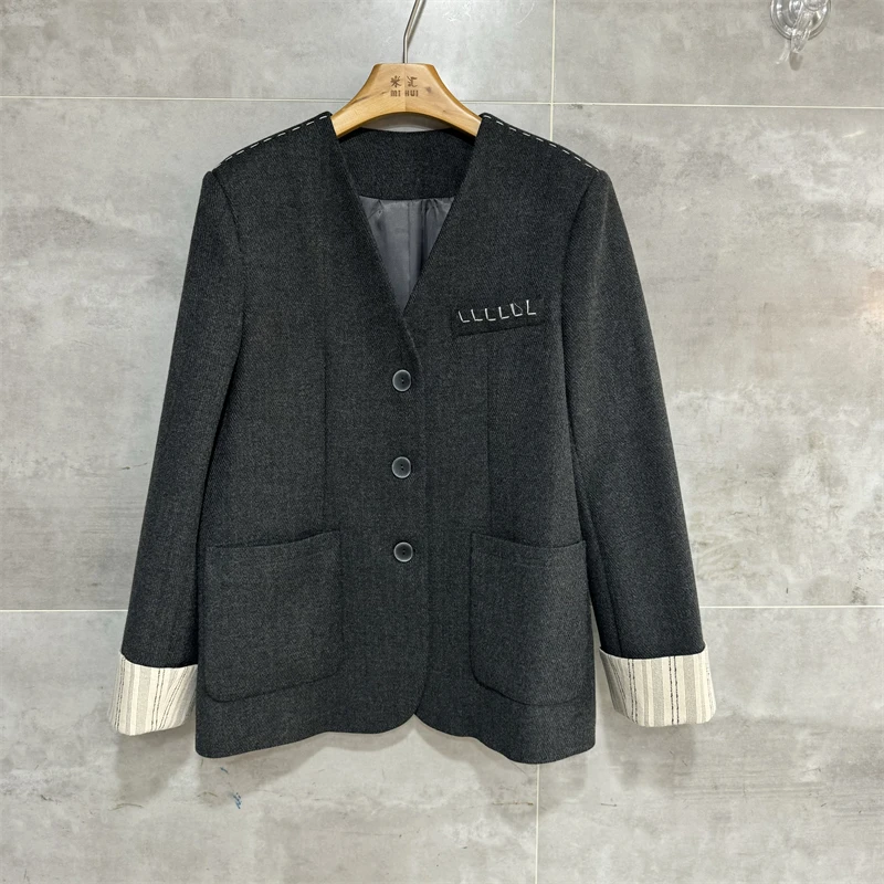 50% Wool Women Temperament Camel Grey Color Collarless Blazer Vest Sets Winter New Single Breasted Female Woolen Jackets