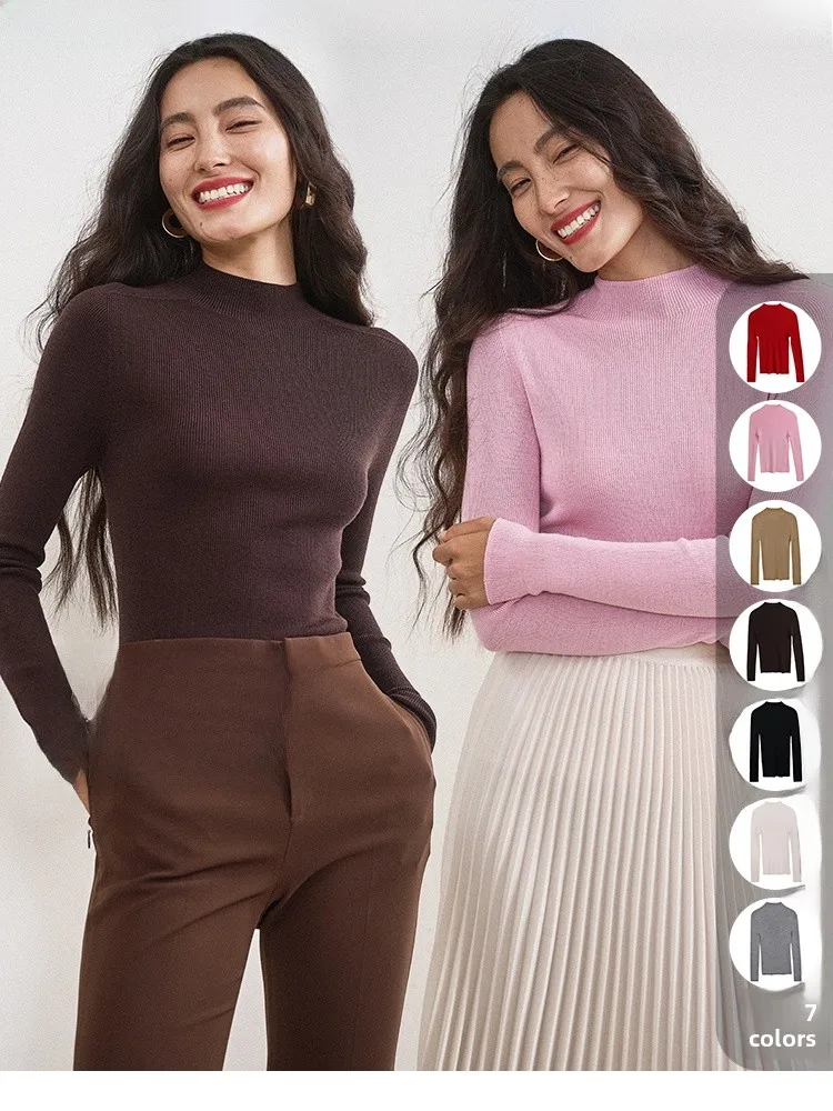 

Sl One-Piece Woolen Knitted Sweater Long Sve f High Collar Gentle Dyeing Women's Casual Sle Faionable Knitwear