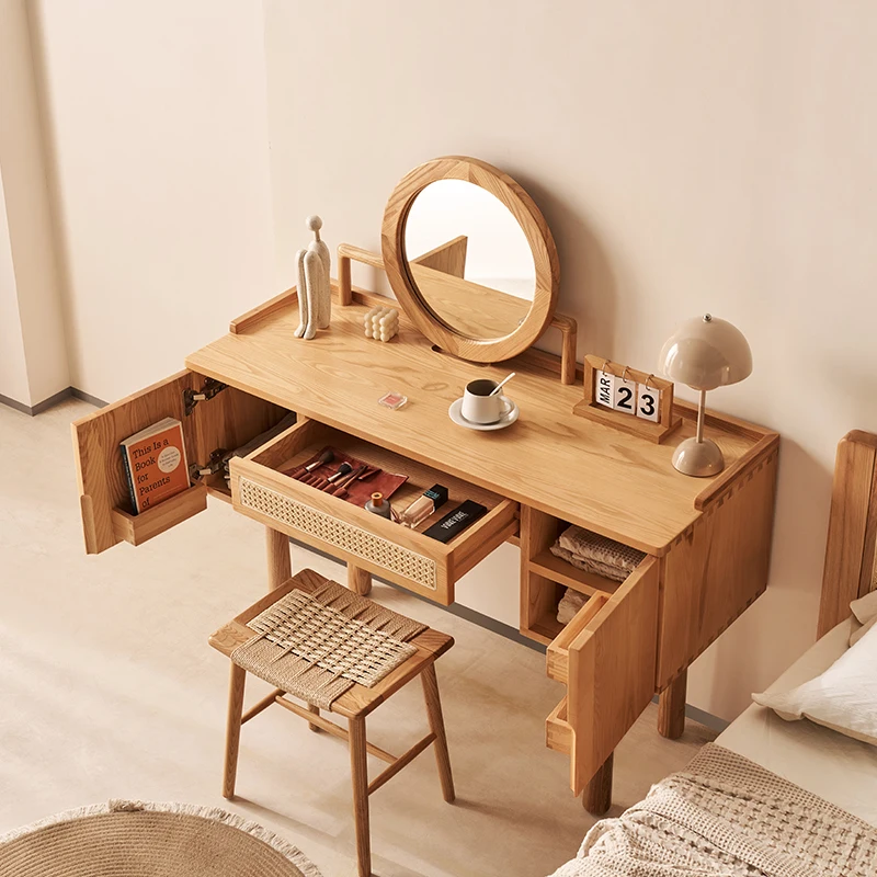 Retro Japanese Vine Weaving Dressing Table, Natural Wood Household, All Solid Wood, Simple Makeup Table, Modern Small Bedroom