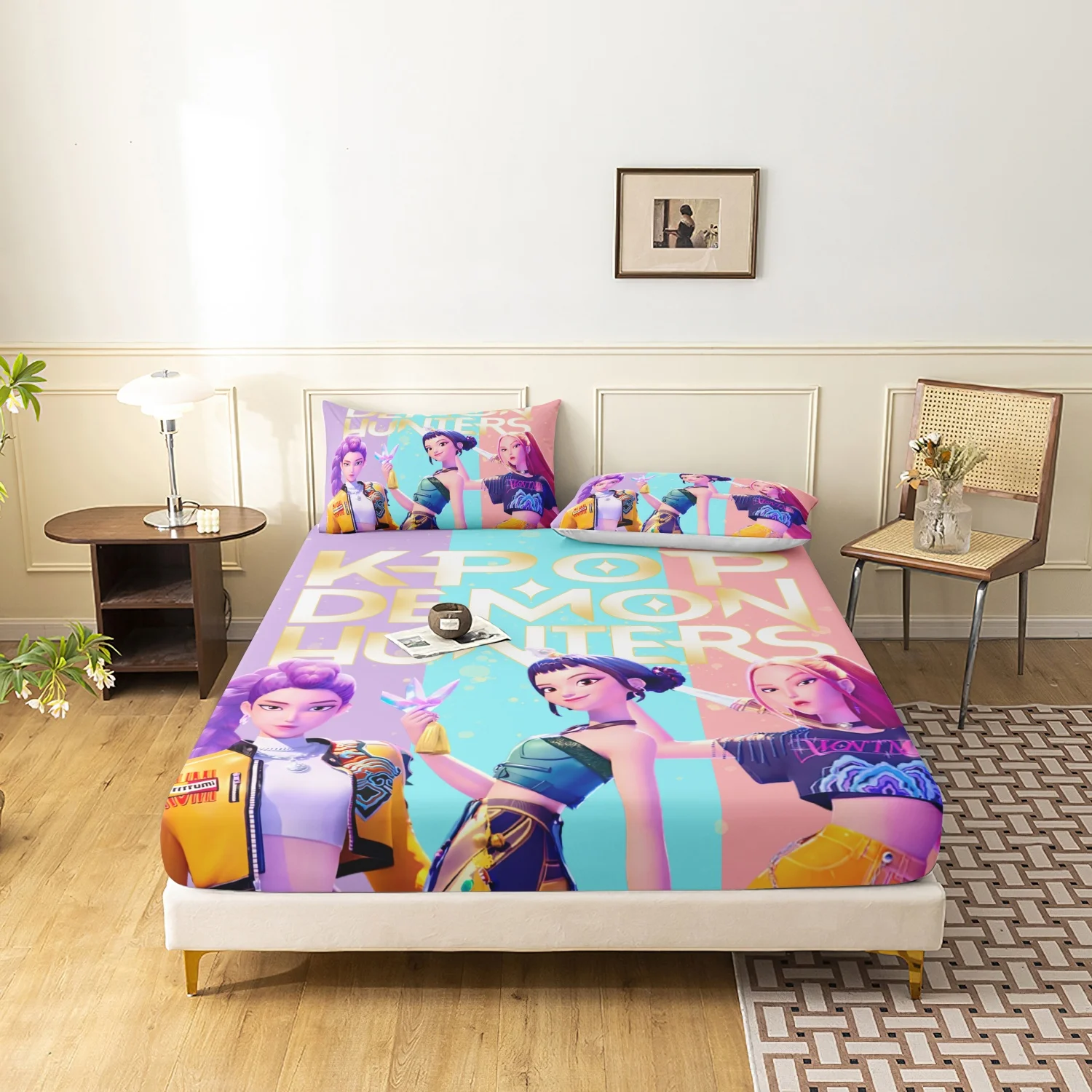 مجموعة ملاءات مكونة من 3 قطع من K-Pop Demon Hunters، ورقة واحدة مجهزة و2 كيس وسادة، نسيج ناعم مسامي، شخصيات كرتونية،
