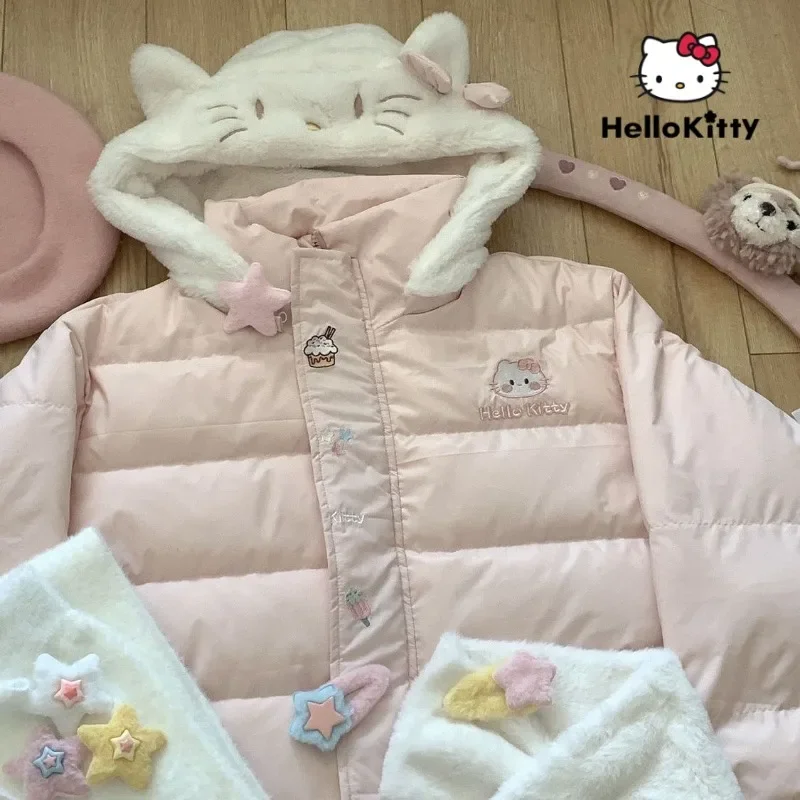 

Зимнее двустороннее хлопковое пальто HelloKitty Cinnamoroll для девочек, бархатная куртка Kawaii с рождественской мультяшной вышивкой Sanrioed