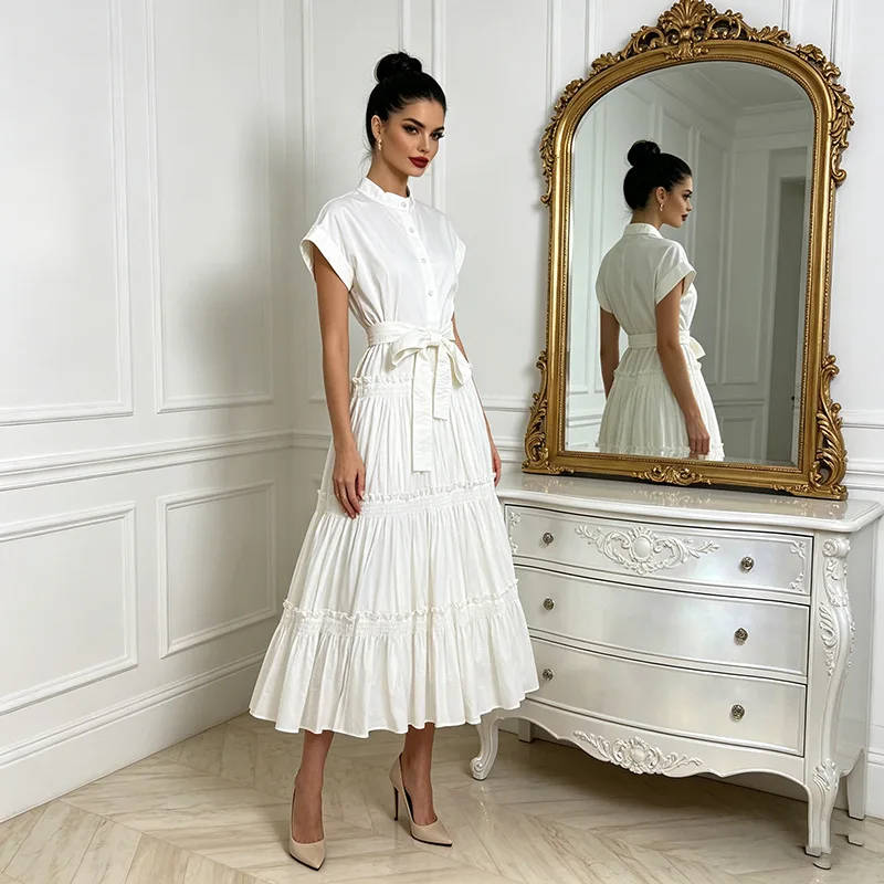 

High Quality Multi Layered Fold Dresses Spring Women Stand Collar Drop Shoulder Sleeve Dress High Waist Waist Knee Length Dress