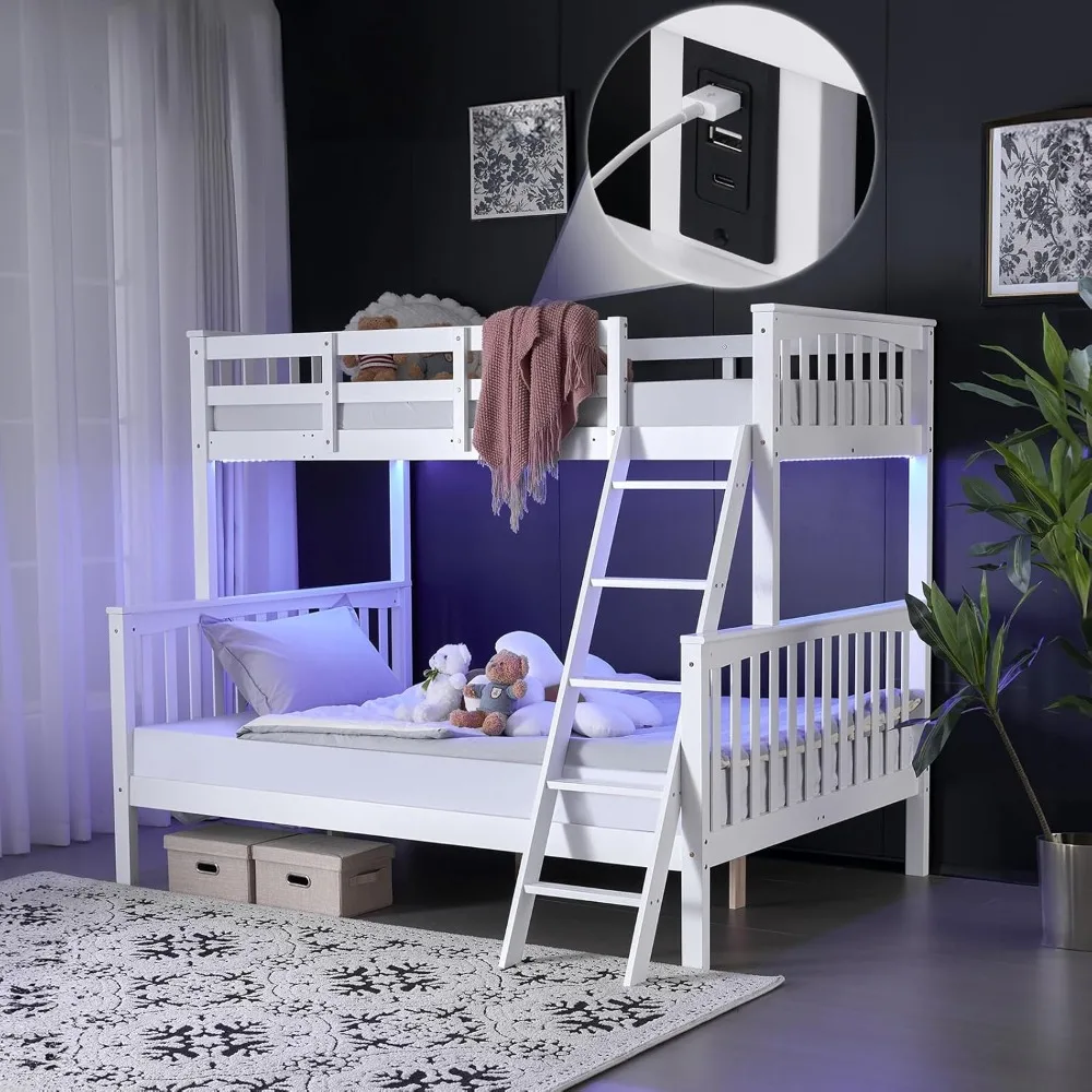 Bunk bed, full-size twin bed with LED light, USB port, 15