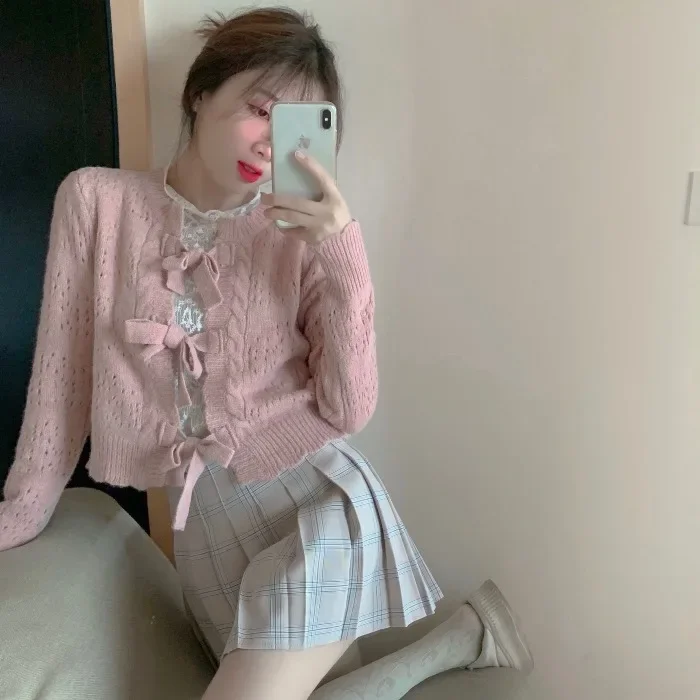 korean fashion lace up bow tie sweaters kawaii women  cardigan sweater  mujer sueteres girls  cropped sweater cardigans tops