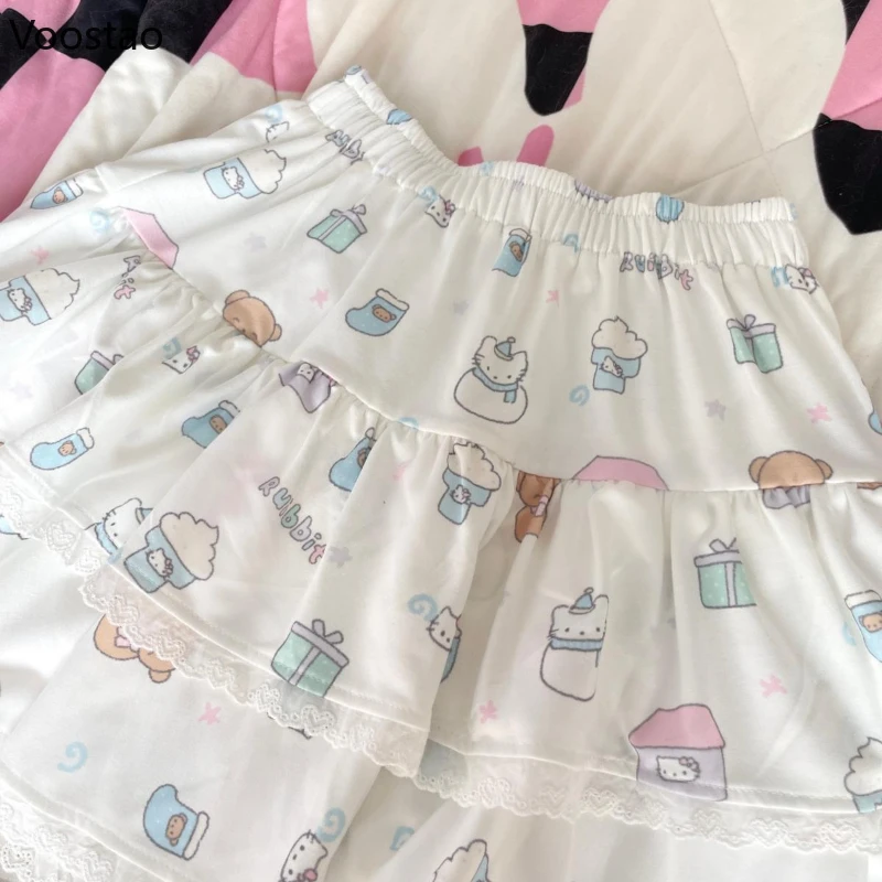 Cartoon Print Sweet Lolita Cake Skirt Women Harajuku Y2k Lace Ruffle Pleated Mini Skirts Japanese Cute Elastic Waist Short Skirt