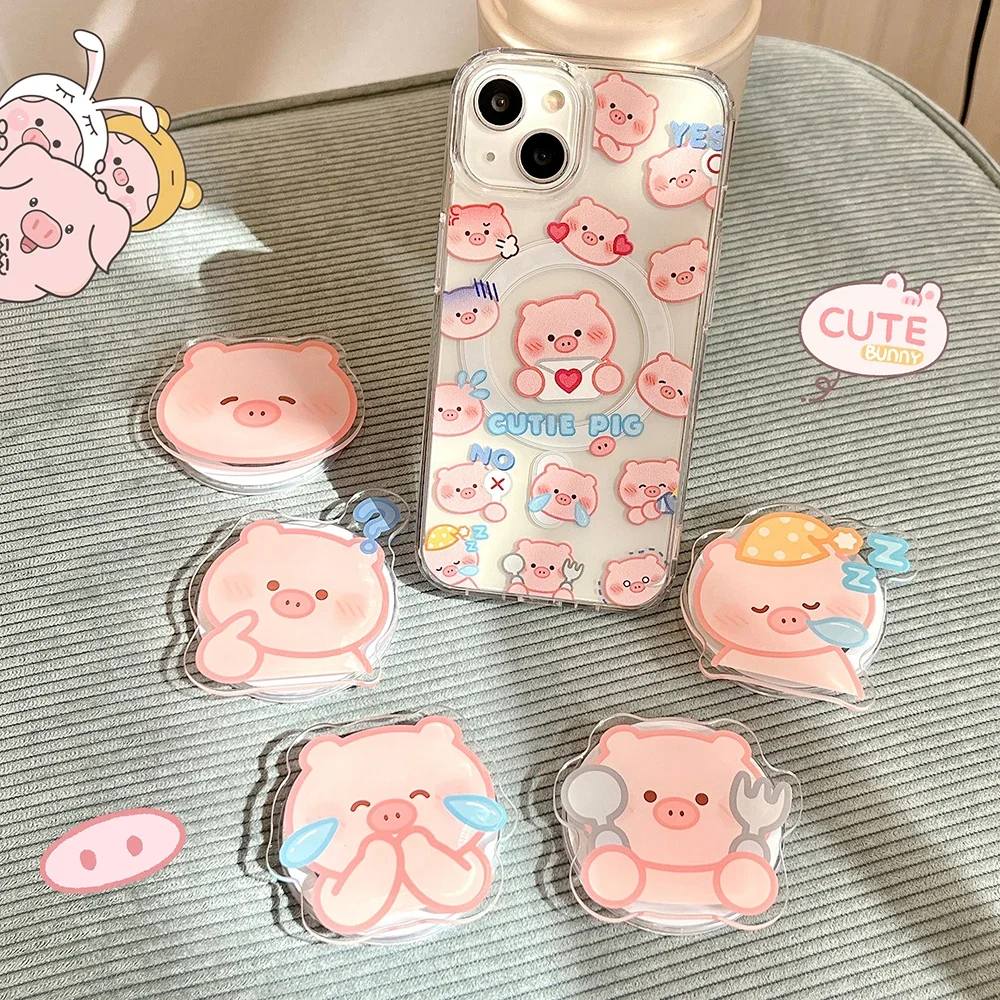 Cartoon Cute Pink Pig for Magsafe Magnetic Bracket Phone Case for IPhone 16 15 14 13 12 11 Pro Max Anti-fall Clear Back Cover