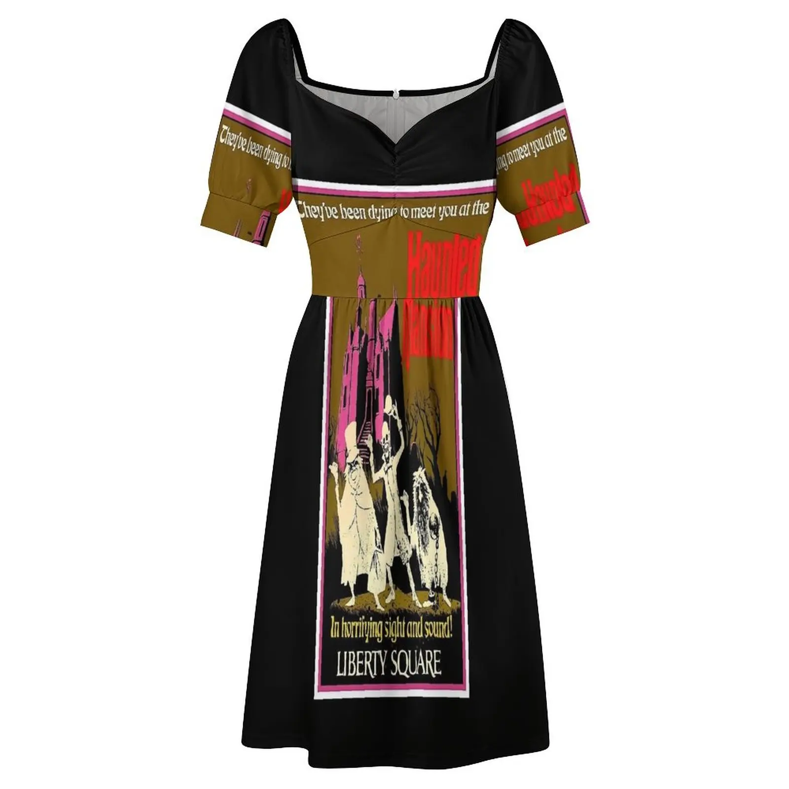 HAUNTED MANSION : Vintage Liberty Square Advertising Print Short Sleeved Dress Dresses Bridesmaid dress woman Dress