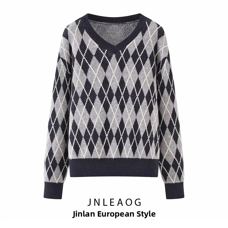 

Модный вязаный свитер с ромбовидным узором, универсальный дизайн, ощущение элитности, осенняя новинка, женский, из полиэфирного волокна, длинный...
