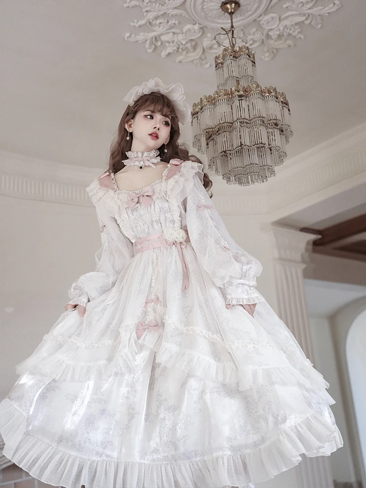 

Lolita Rose Op Vintage Elegant Cla Style Daily Square-cut Collar Long Sleeve Bow Lace Pink And White Dress Sweet Fresh Princess