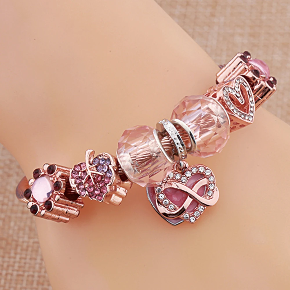 Romantic Pink Heart Stainless Steel Charm Bracelet Rose Gold Color Leaf Flower Bead BangleS Resizable Jewelry
