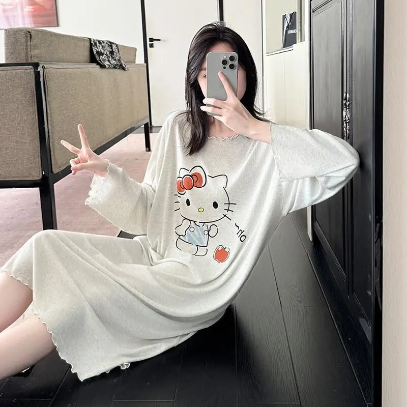 

Sanrio Hello Kitty Sleep Dress Women Homewear Sleepwear Spring and Autumn Casual Long Sleeve Long Style Loose Fashion Loungewear