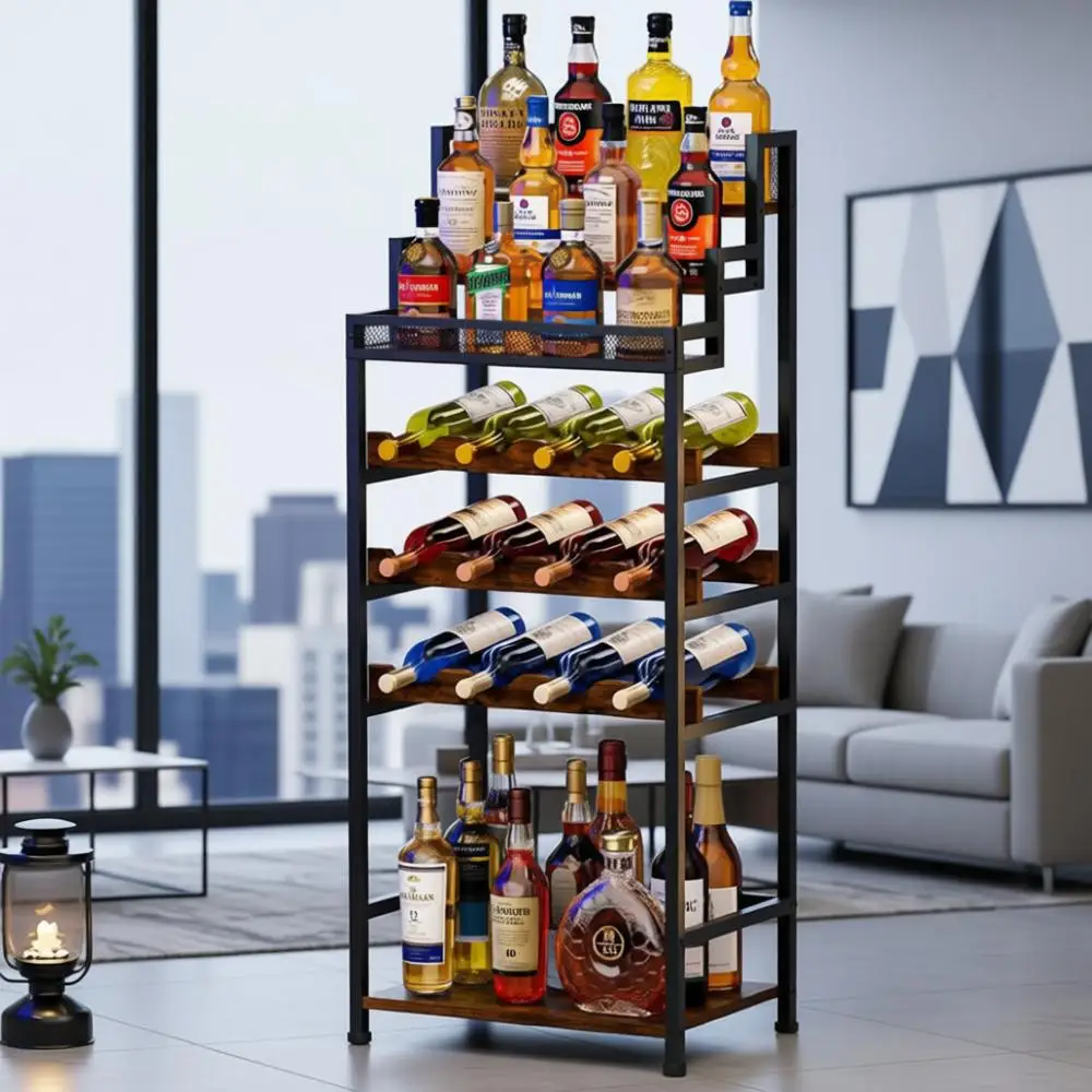 

Отдельностоящая винная полка большой емкости и шкаф для спиртных напитков, идеально подходит для домашнего бара, гостиной, угла, хранения в столовой