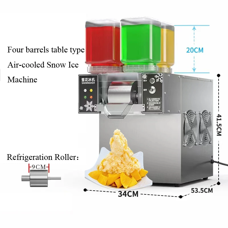 Four Barrels Snowflake Ice Machine Snow Ice Maker Shaver Machine Bingsu Snowflake Ice Shaving Machine Commercial 120kg/24h