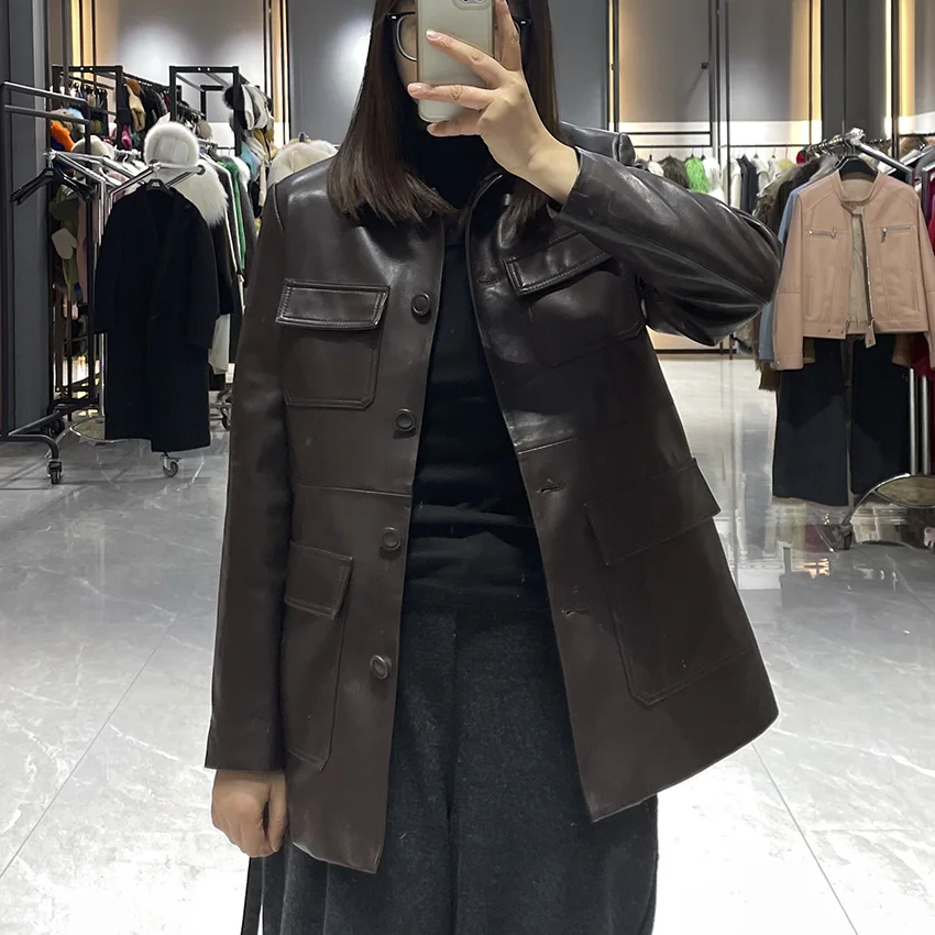JANEFUR Women Genuine Leather Coat Office Ladies High Waist Retro Casual Sheepskin Medium Long Jacket Autumn Winter JFB6-25008