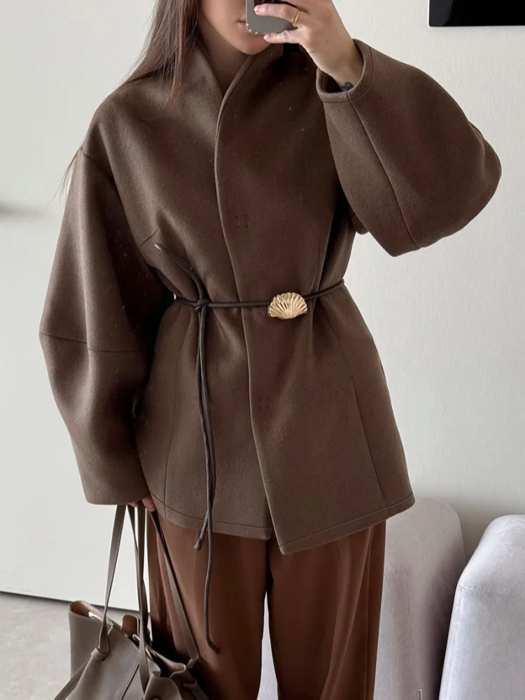 

Chic Women's Solid Woolen Coat Elegant Full Sleeves Waist Tie Loose Outfit Fashionable Autumn Commuting Daily Lady Street Jacket