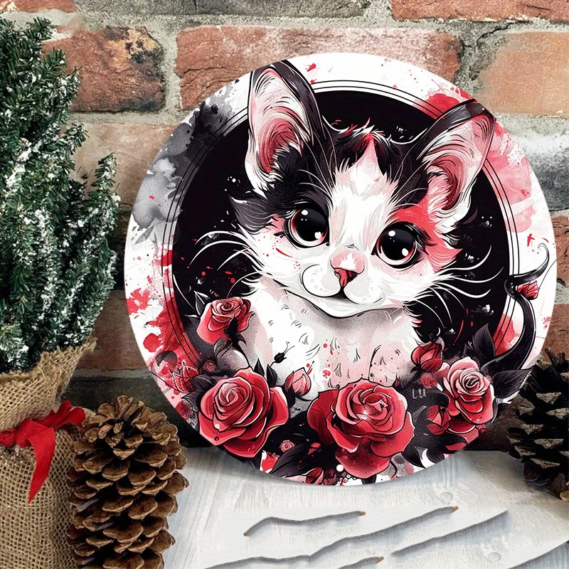 Waterproof Aluminum Cat Art Sign Set, Metal Round Wall Decor, Red Roses and White Cat, Weather-Resistant Door Hanger