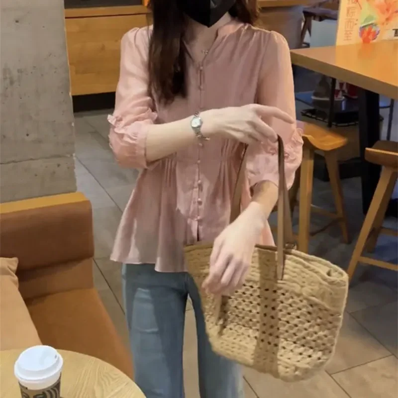 Spring Solid Color Waist Shirt Commute 3/4 Sleeve Female Clothing Single-breasted Stylish Folds Spliced Drawstring Blouse E4210