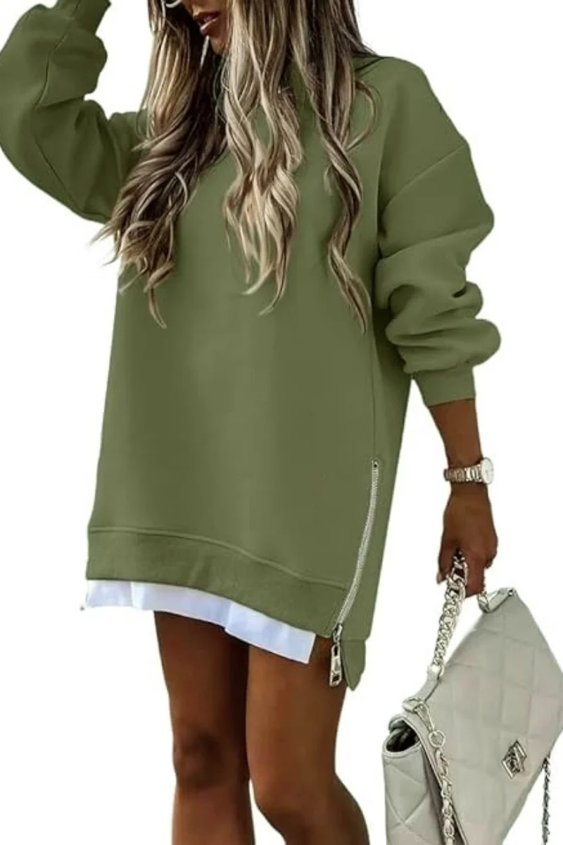 Women's  Spring Autumn Fashion Splicing Side Zipper Design Sweatshirt Round Neck Long Sleeved Mid Length Irregular  Tops