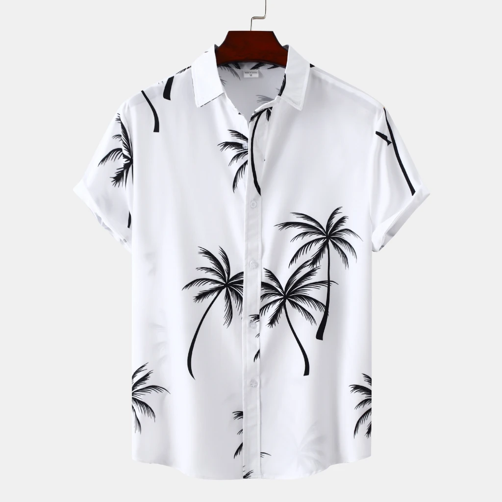 Men's Coconut Tree Shirt Short Sleeve Button Down Black White Palm Graphic Tops Summer Beach Holiday Fashion Male Clothing