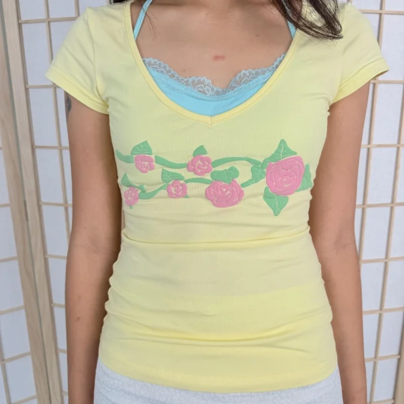 T-shirt deux pièces brodé de fleurs Y2K pour femme, col en V en dentelle, coupe ajustée, crop top vintage à manches courtes pour l'été
