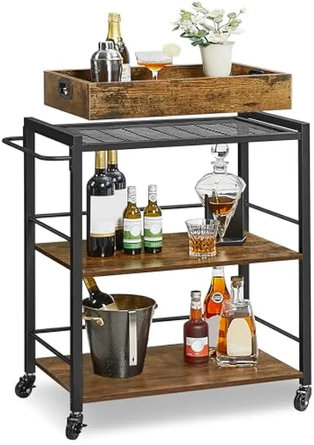 

3-Tier Kitchen Utility Cart with Removable Tray, Wheels, Brakes, and Storage in Rustic Brown and Black