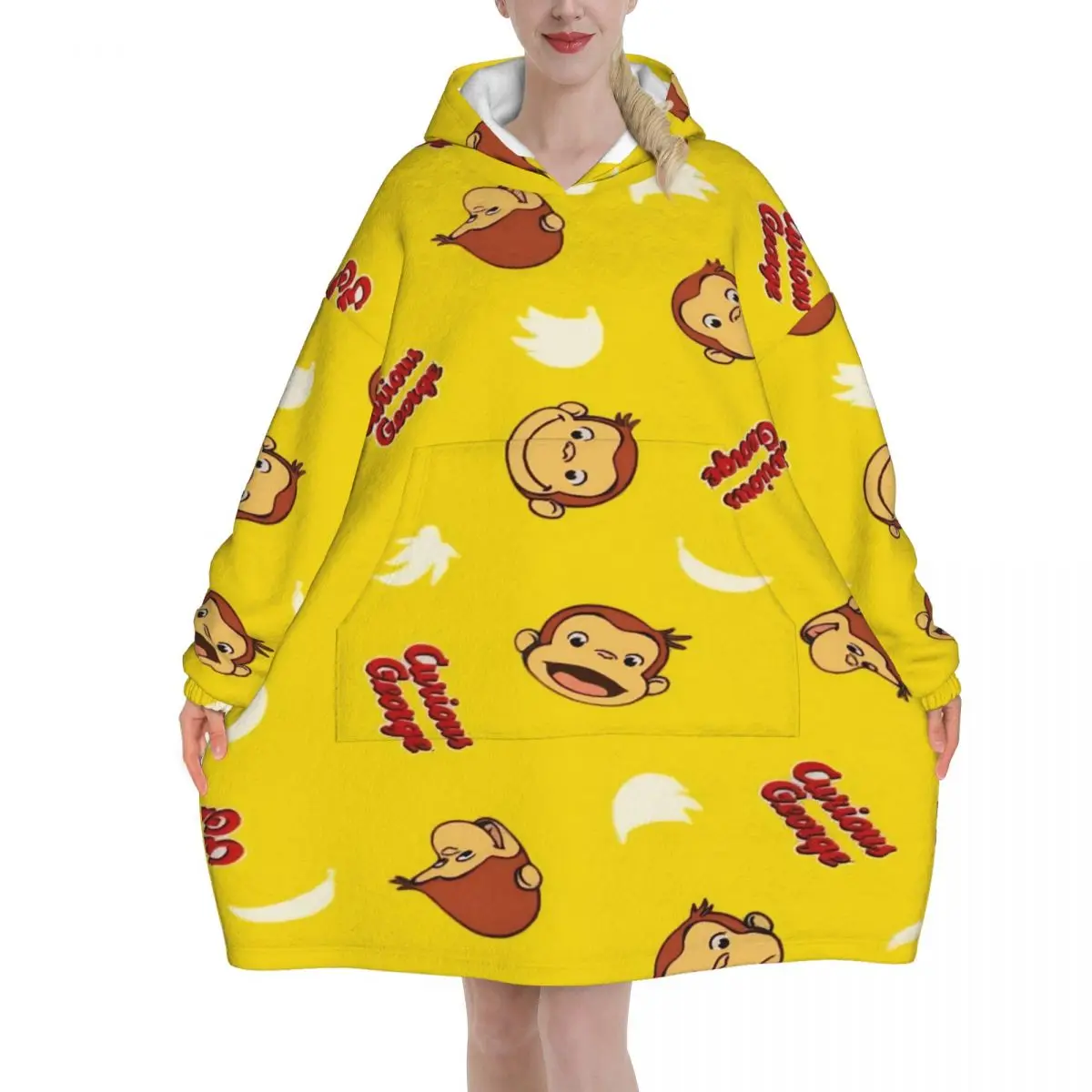Curious George African Monkey Wearable Blanket Hoodie Cozy Blanket Sweatshirt Thick Fleece Hooded Blanket with Pocket