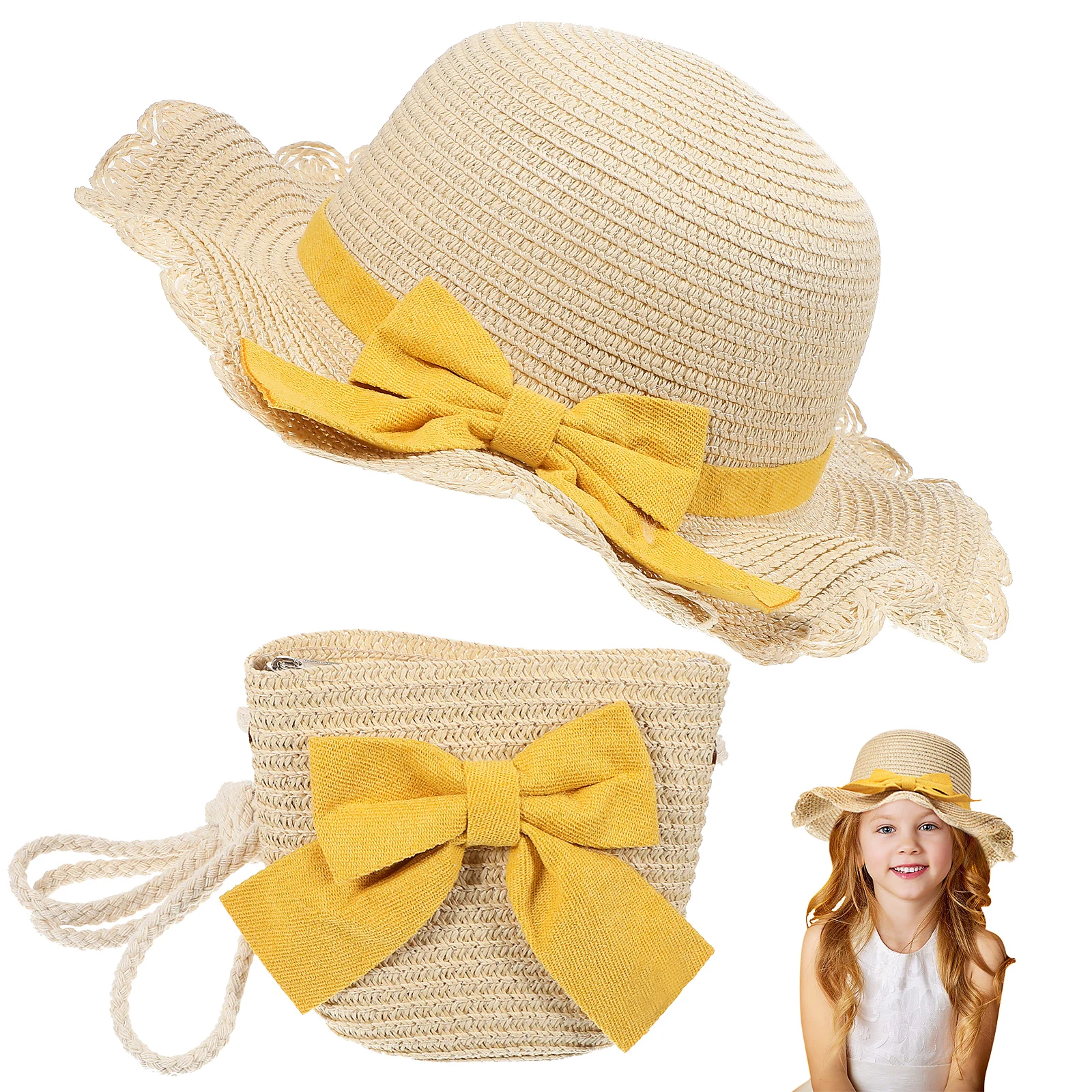 

Lace Parent-child Bag Straw Shoulder Hats Beach Summer Bags Ladies Women Wide Brim Crossbody Straw Girls Small Bag Sun