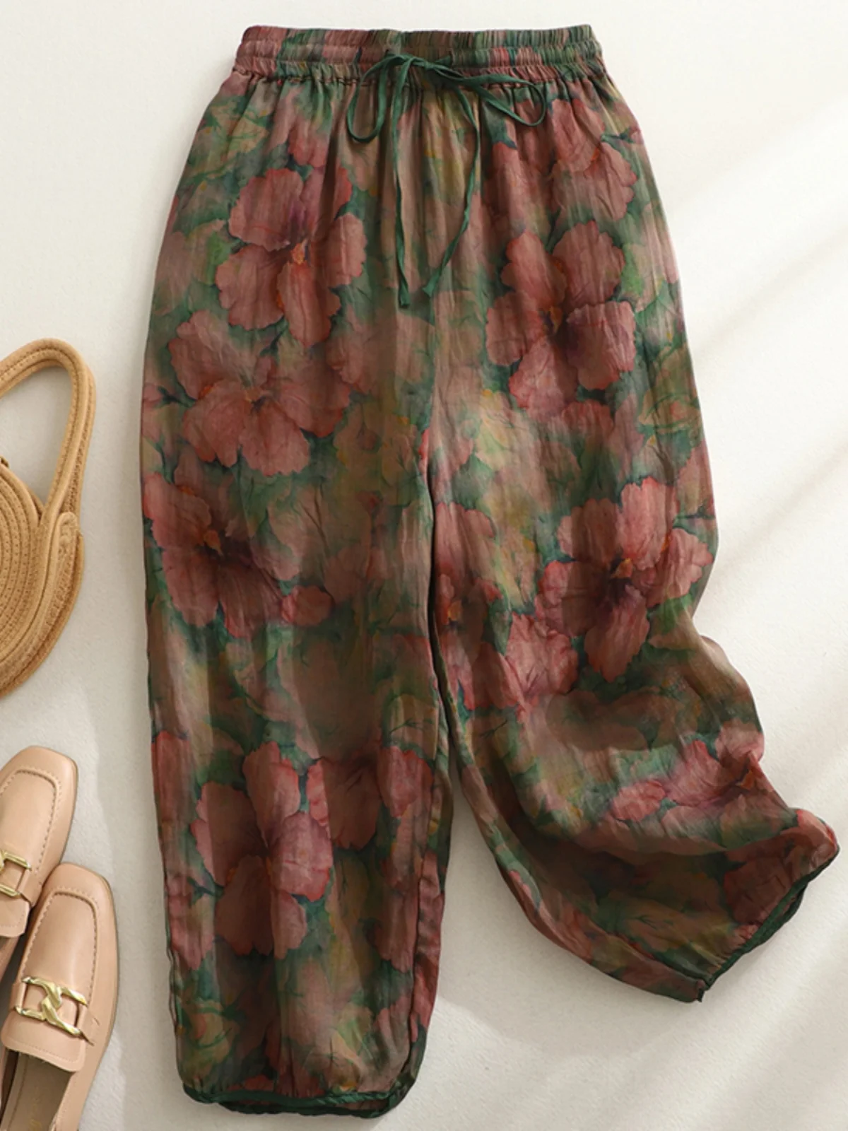 Pantalones Harlan holgados y étnicos Retro para mujer, pantalones informales de lino con estampado Floral, cintura alta, cintura elástica, talla grande, verano