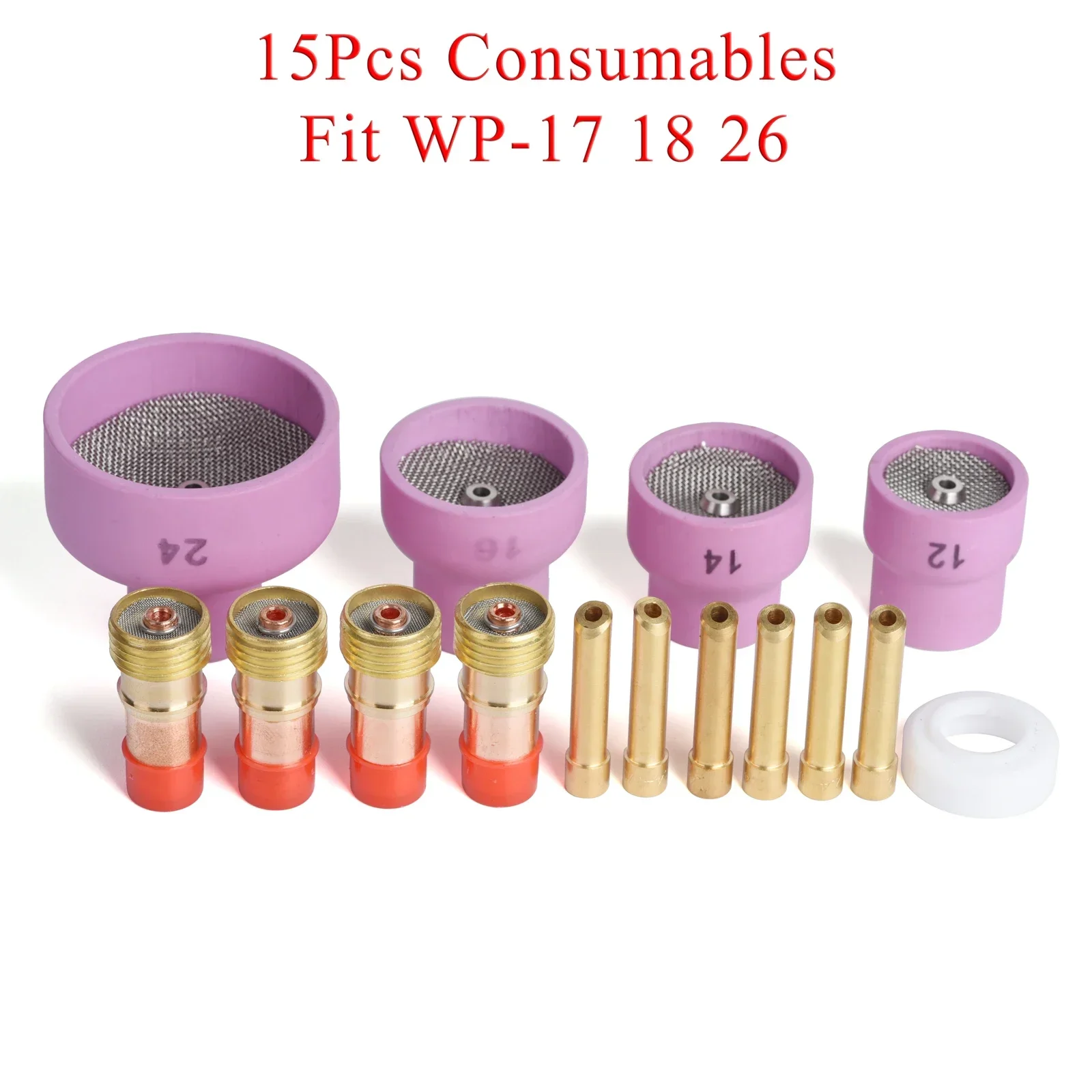 

15PCS TIG Welding #12~#24 Extra Large Alumin Ceramic Nozzle Alumina Cup Kit Torches WP17 18 26 Stubby Collets Body Gas Lens Sets