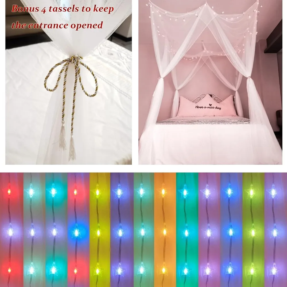 ม่านเตียงเจ้าหญิงสีขาวพร้อมไฟดาว LED 100 ดวง รีโมทคอนโทรลสำหรับตกแต่งห้องเด็ก