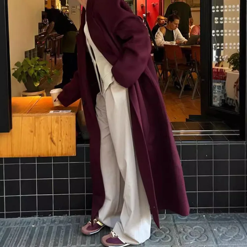 

Burgundy V-neck Long Jacket European and American Cross-border 2024 Autumn New Temperature Commuter Coat