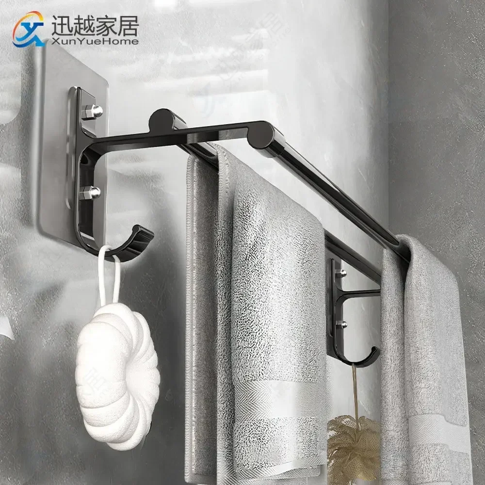 Punch-free Towel Rack Home Patch Double Bars Black Space Aluminum Wall Self Adhesive Clothes Holder Bathroom Hanger Acessorios