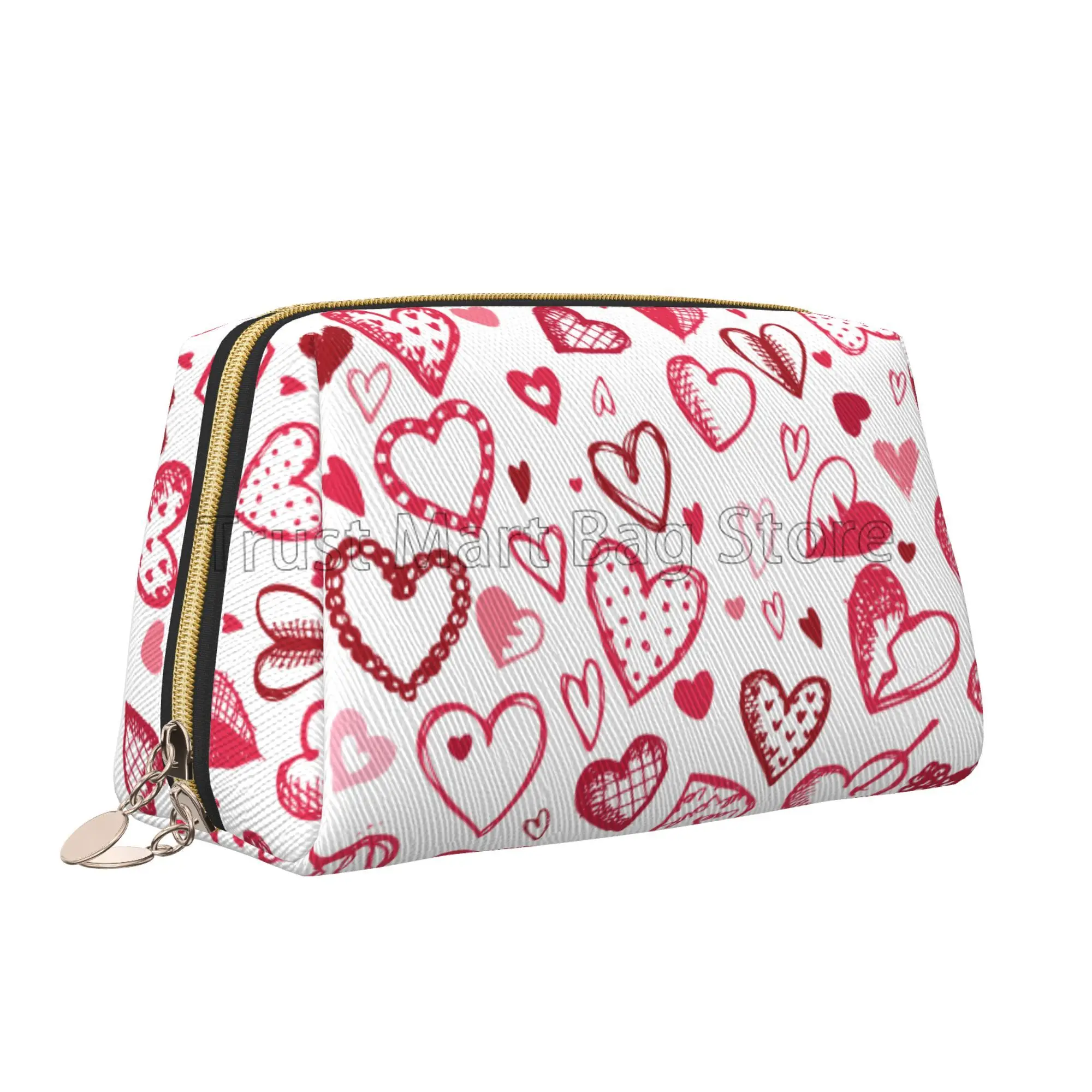 Red Pink Love Heart Makeup Bag Leather Women Travel Toiletry Pouch Cosmetic Bags Portable Storage Bag for Girl Friend Wife Gifts