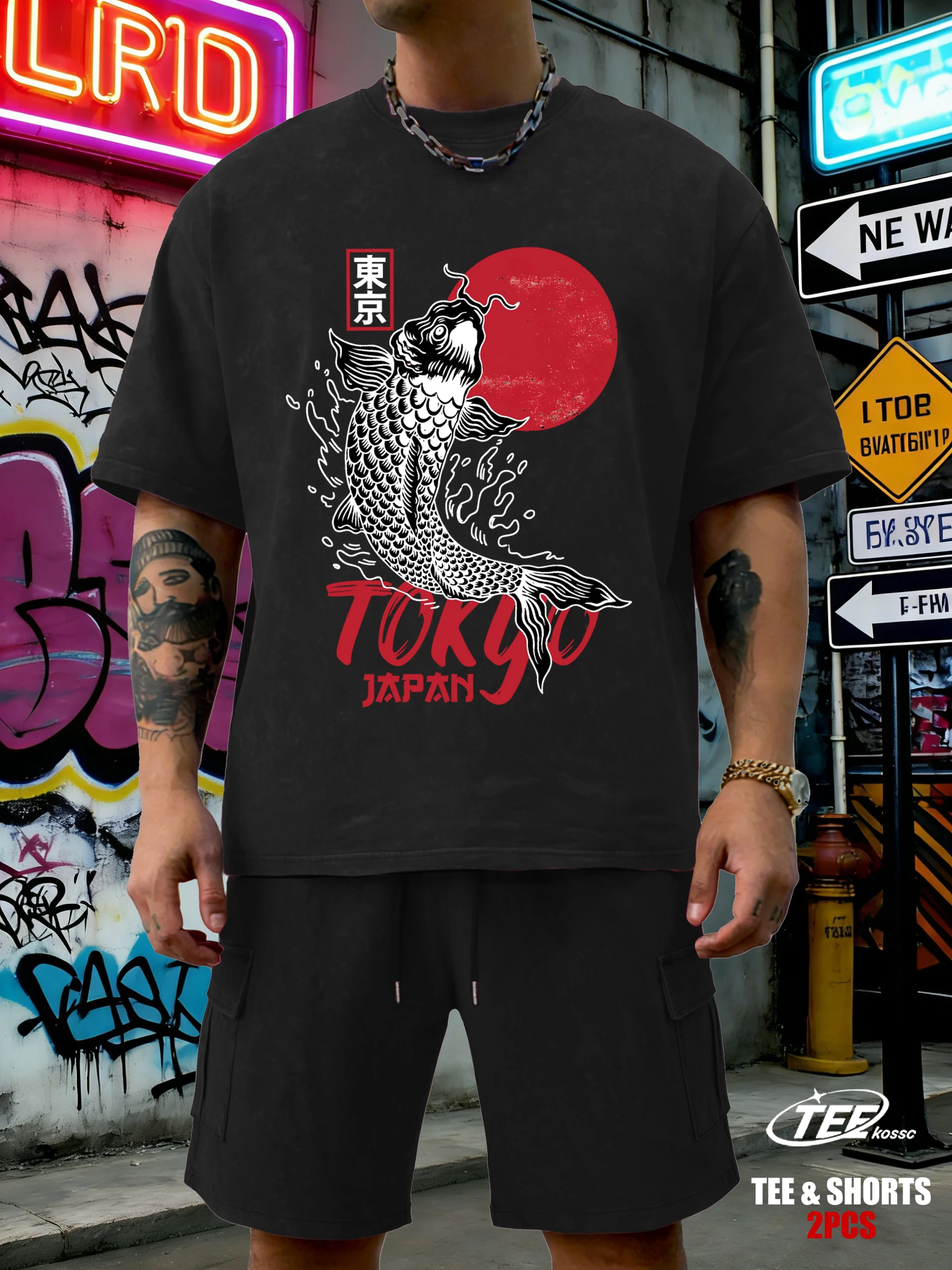 

Harajuku Japan Tokyo Sunset Koi Washed T-Shirts Summer Breathable O-Neck Shorts Set Fashion Cotton Top Unisex Casual T-Shirt