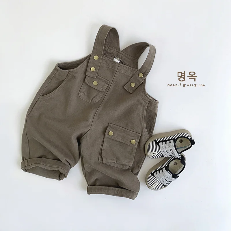 2025 New Children Loose Overalls Cotton Boys Girls Solid Strap Trousers Baby Sleeveless Jumpsuit Kids Pocket Casual Pants