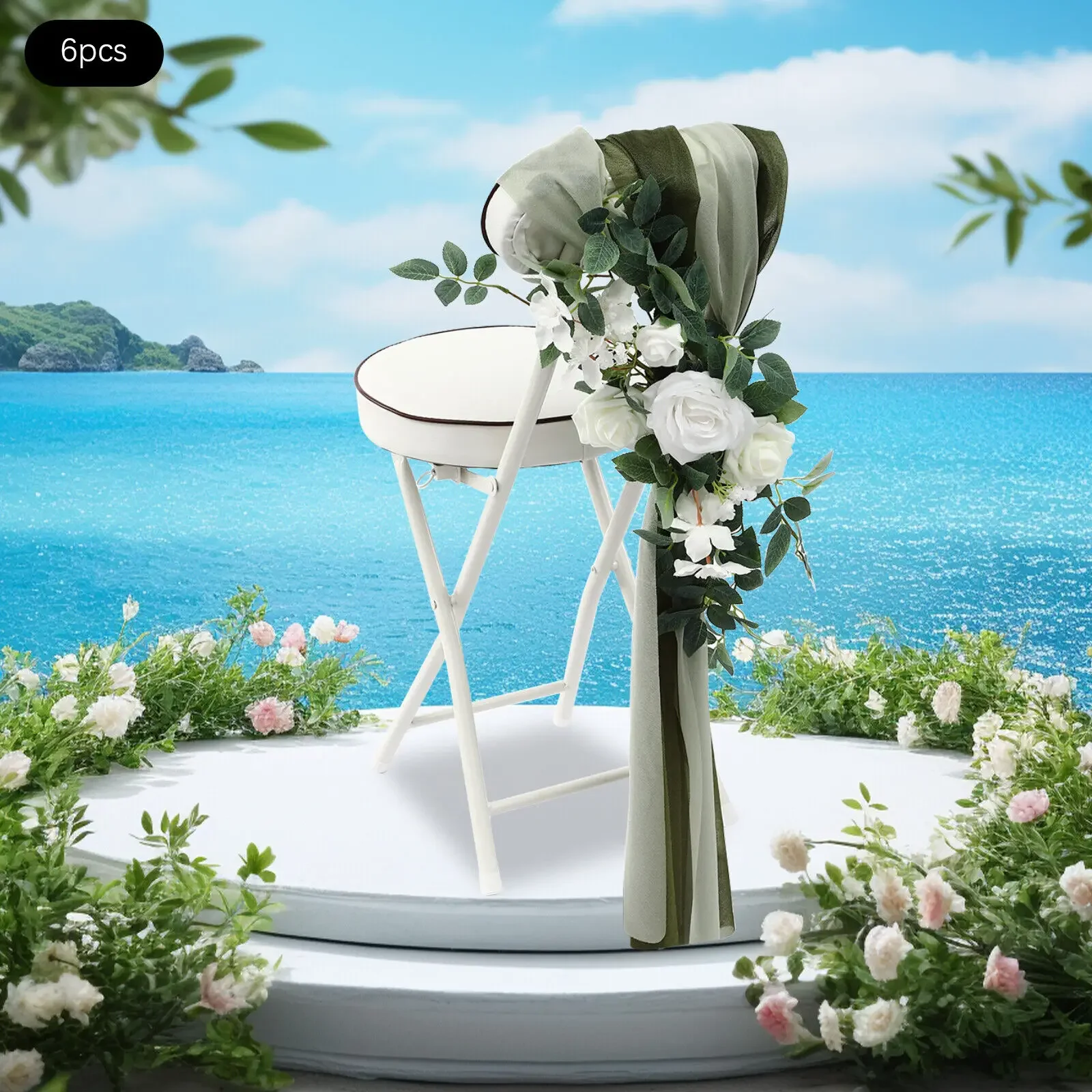 6PCS Artificial Flower with Fabric Green Ribbon Chair Cover Wedding Party Decor  flower basket