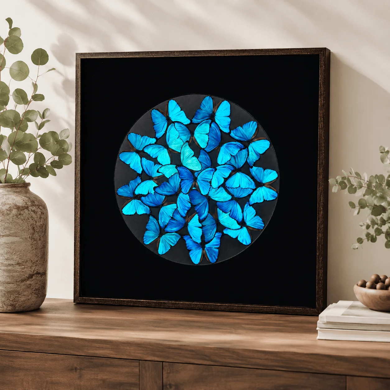 Real Blue Morpho Butterfly Specimen Display, 90x90cm Framed Wall Decor, Blooming Butterfly Art for Home Office