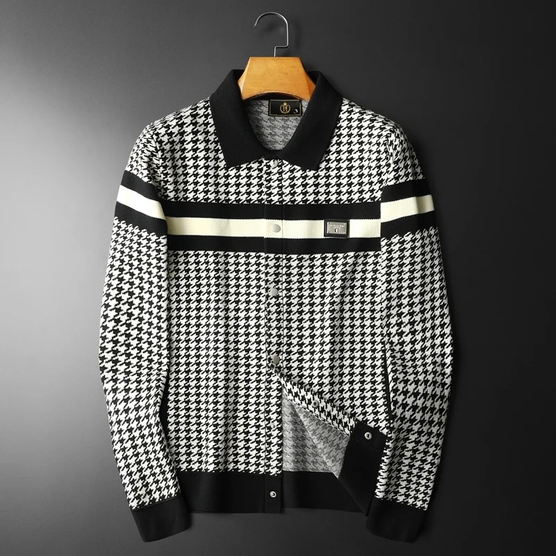 Sweater rajut Houndstooth, kardigan kancing dekoratif jaket lengan panjang Lapel pria jaket mantel kasual