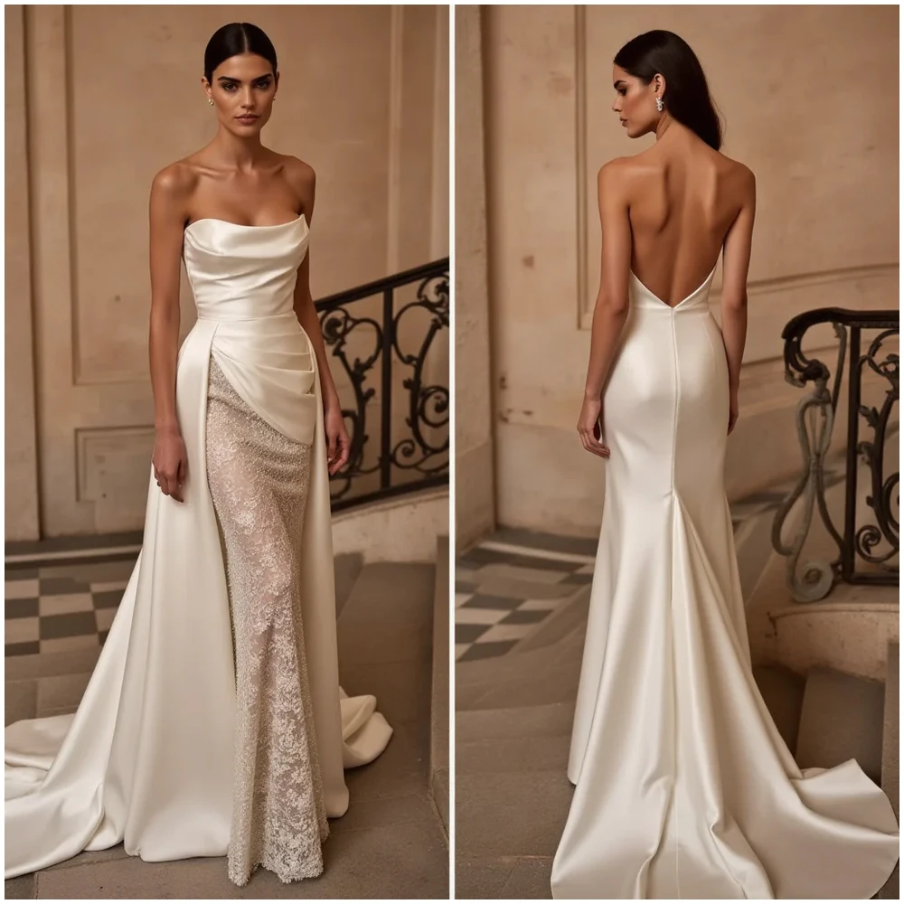 

Bowith Women Wedding Dresses Luxury 2025 Strapless Soft Satin and Lace Bridal Party Dresses Customized Court Train Wedding Dress
