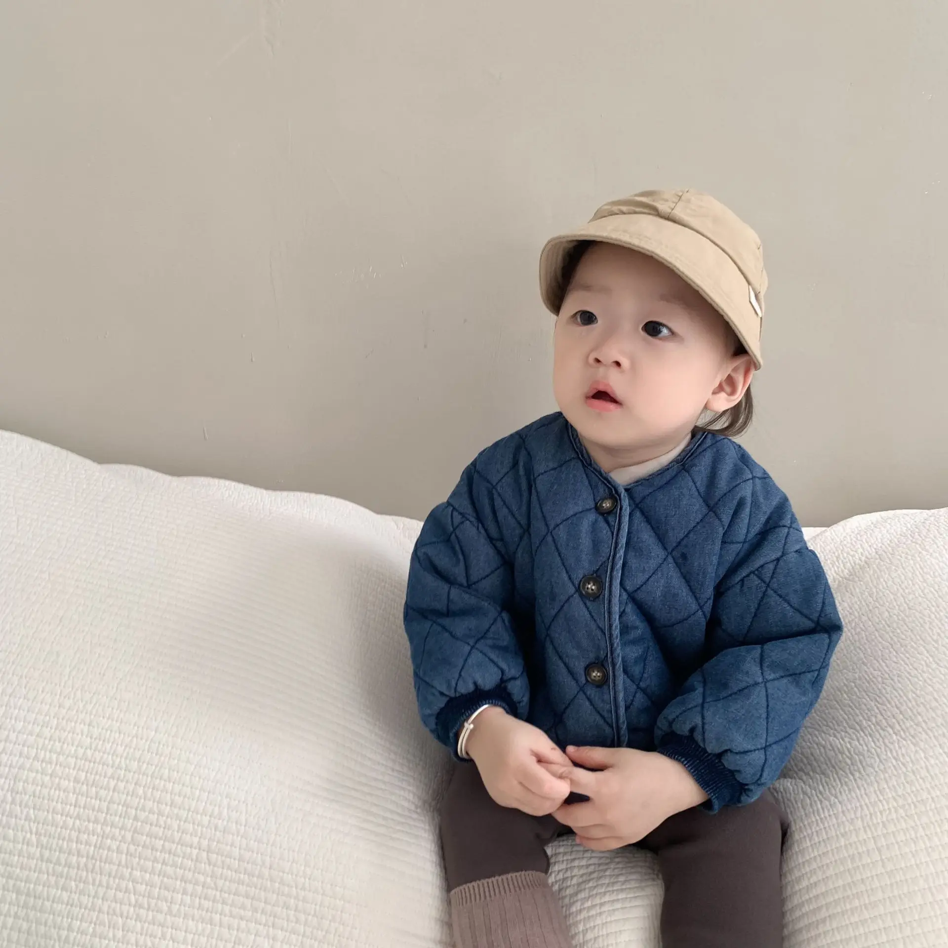 Manteau en denim épais à carreaux de diamant pour enfants, veste décontractée en coton pour bébé, cardigan monochrome rétro pour garçon, automne et