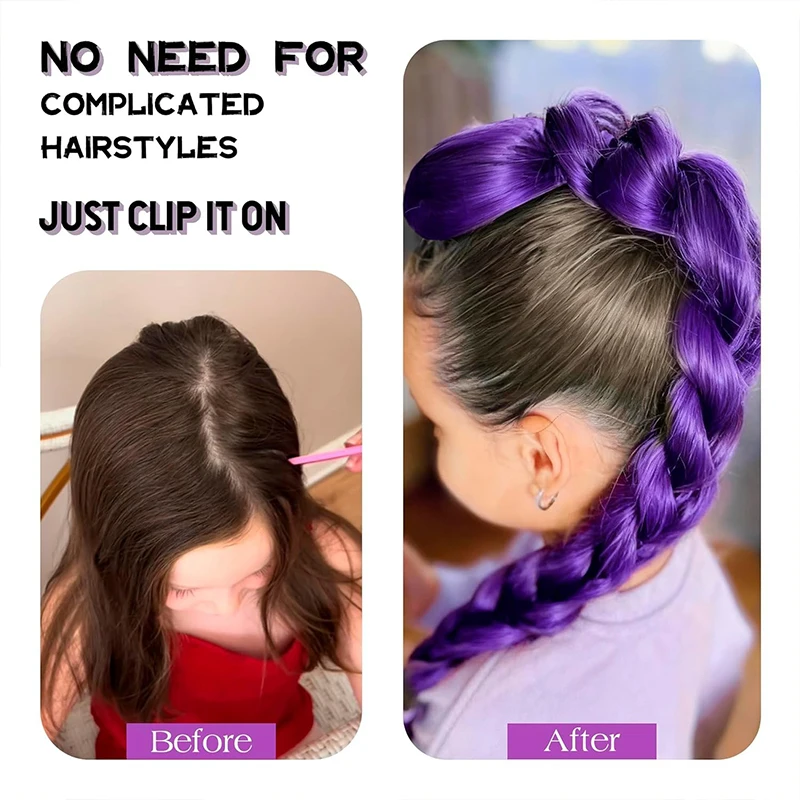 KPop デーモンハンターズ ルミ コスチューム ヘアスタイル 26 インチ ロング ポニーテール ウィッグ クリップ付き 合成編み込みパープルヘア 子供用 女の子用