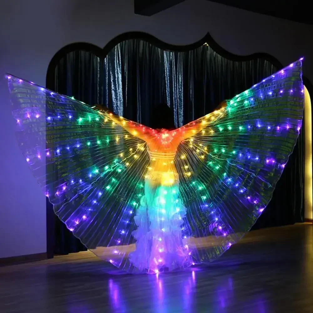 Glowing Belly Dance ปีกผีเสื้อส่องสว่าง LED ปีกเรืองแสงแสดง Telescopic Sticks เครื่องแต่งกายผู้ใหญ่