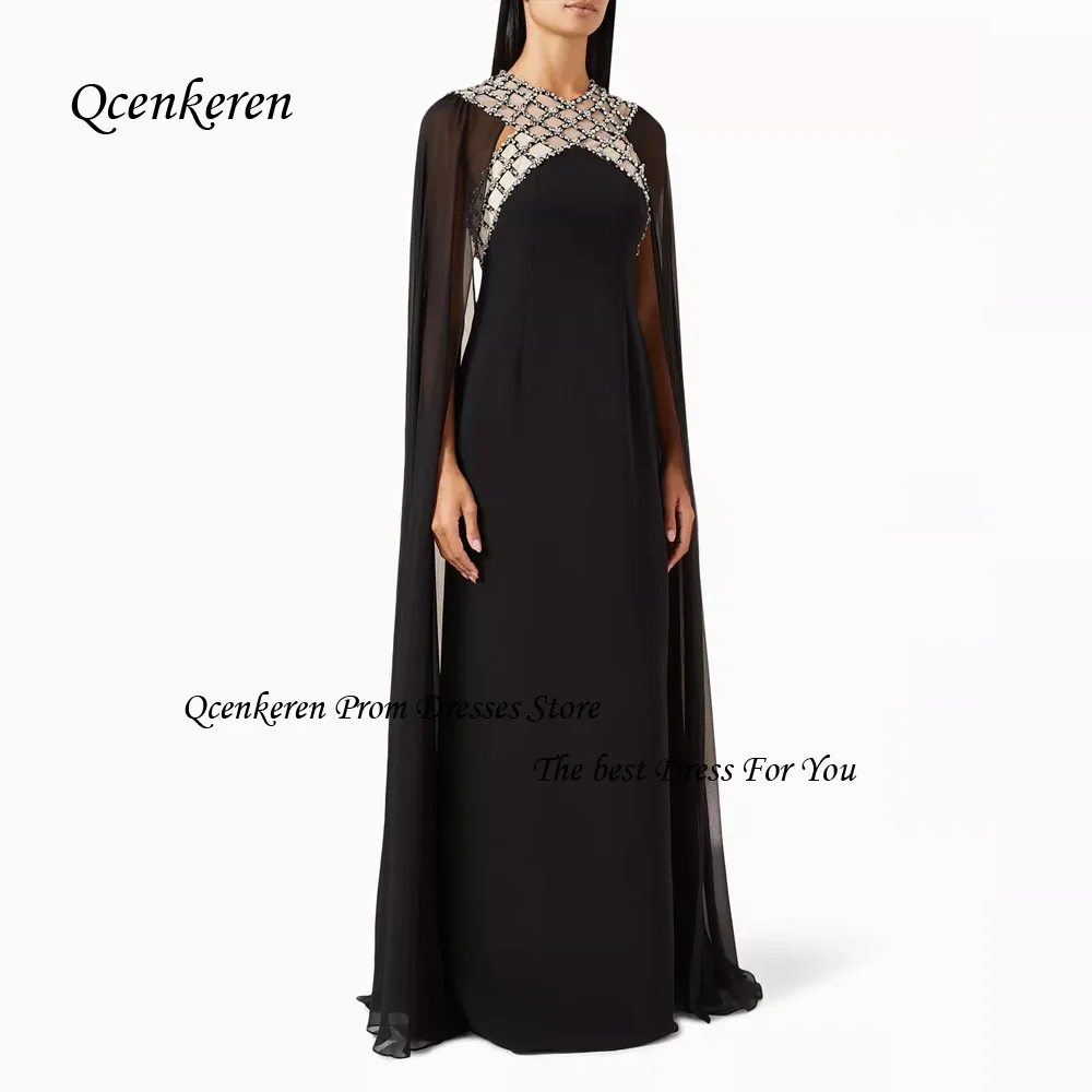 Qcenkern Black High Neck Prom Gown Crepe Mermaid Formal Evening Gown Floor-Length Long Sleeve Party Dubai Gown