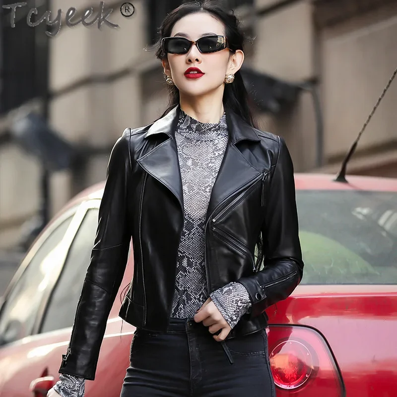 Tcyeek Genuine Leather Jacket Women Sheepskin Coat Black Leather Coat Slim Fit Women's Motocycle Jackets Spring Autumn Clothes