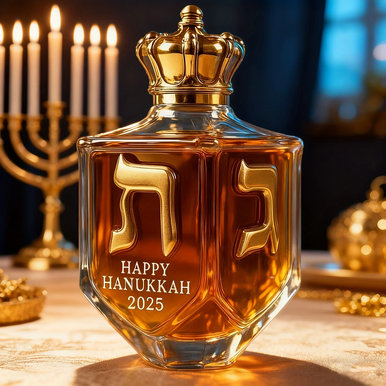 Hanukkah Commemorative Gold Rimmed Glass Decorative Bottle Shatterproof Whiskey Bottle with Hebrew Text Hanukkah Menorah