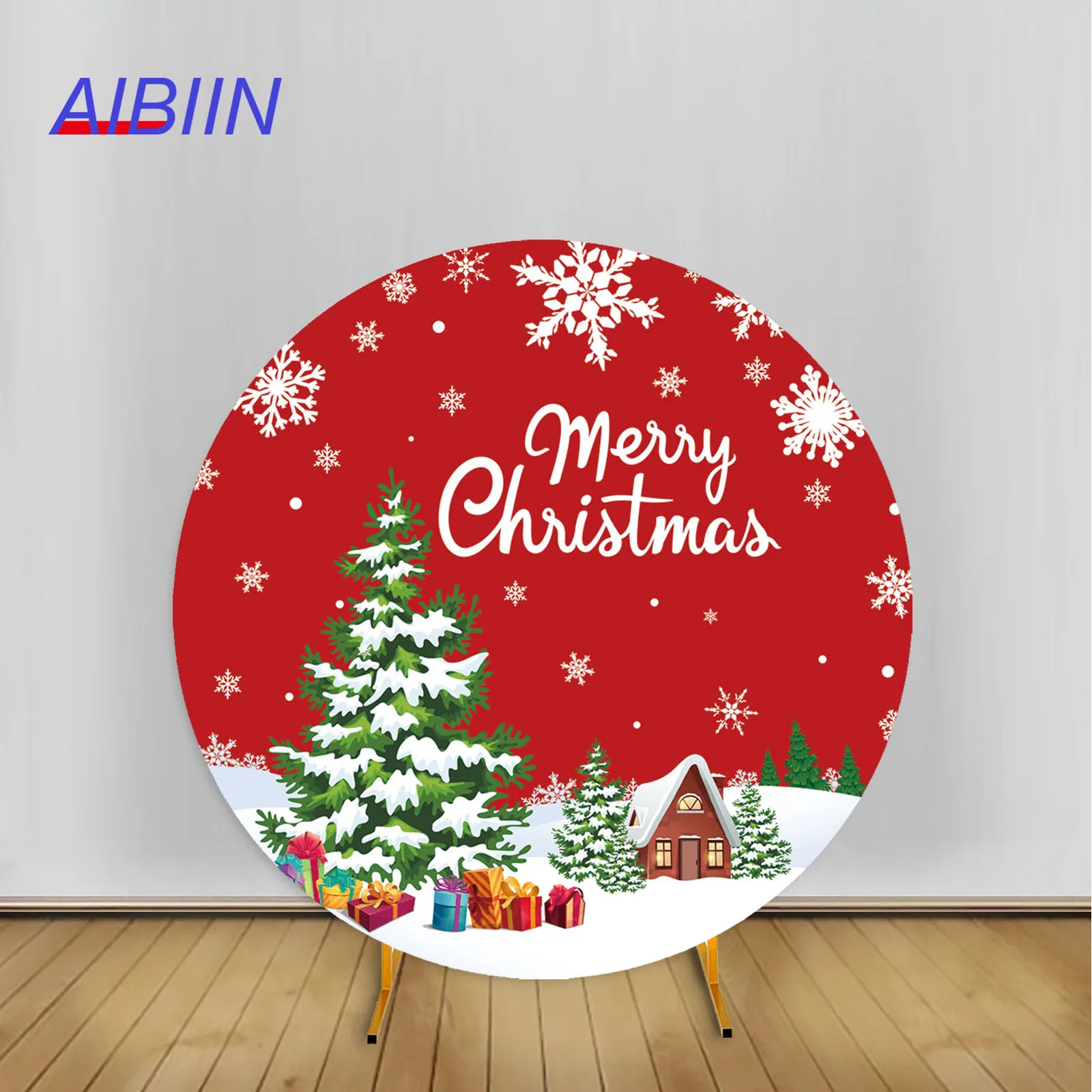 Merry Christmas Round Arch Backdrop Cover Green Xmas Tree White Snowflake Red Photography Background Festival Party Decoration