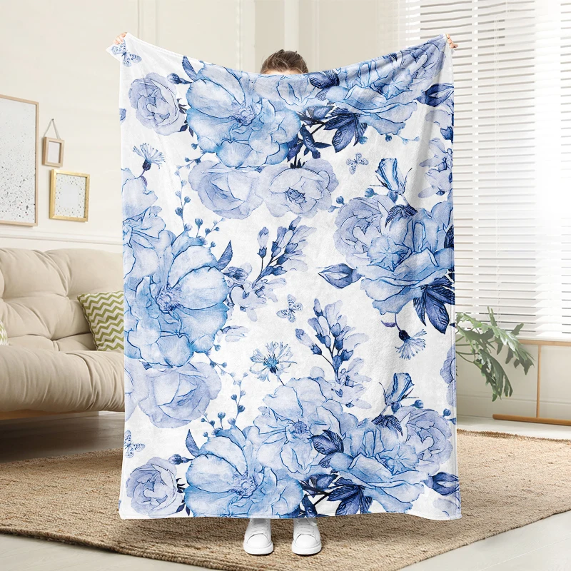 

Blue Floral Watercolor Flannel Blanket Soft Plush Cozy Sofa Bed Decor Gift
